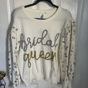 QUEEN OF SPARKLES White and Gold Crew Neck Sweater